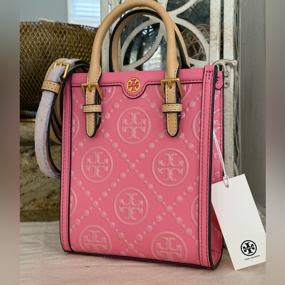 Tory Burch Handbags - Tory Burch Mini T Monogram Top Embossed Leather Contrast Bag Tote Crossbody Pink